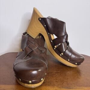 Y2K Korks Wynne Comfort Clogs Brown Leather Mule Shoes Platform Block Heel 9M